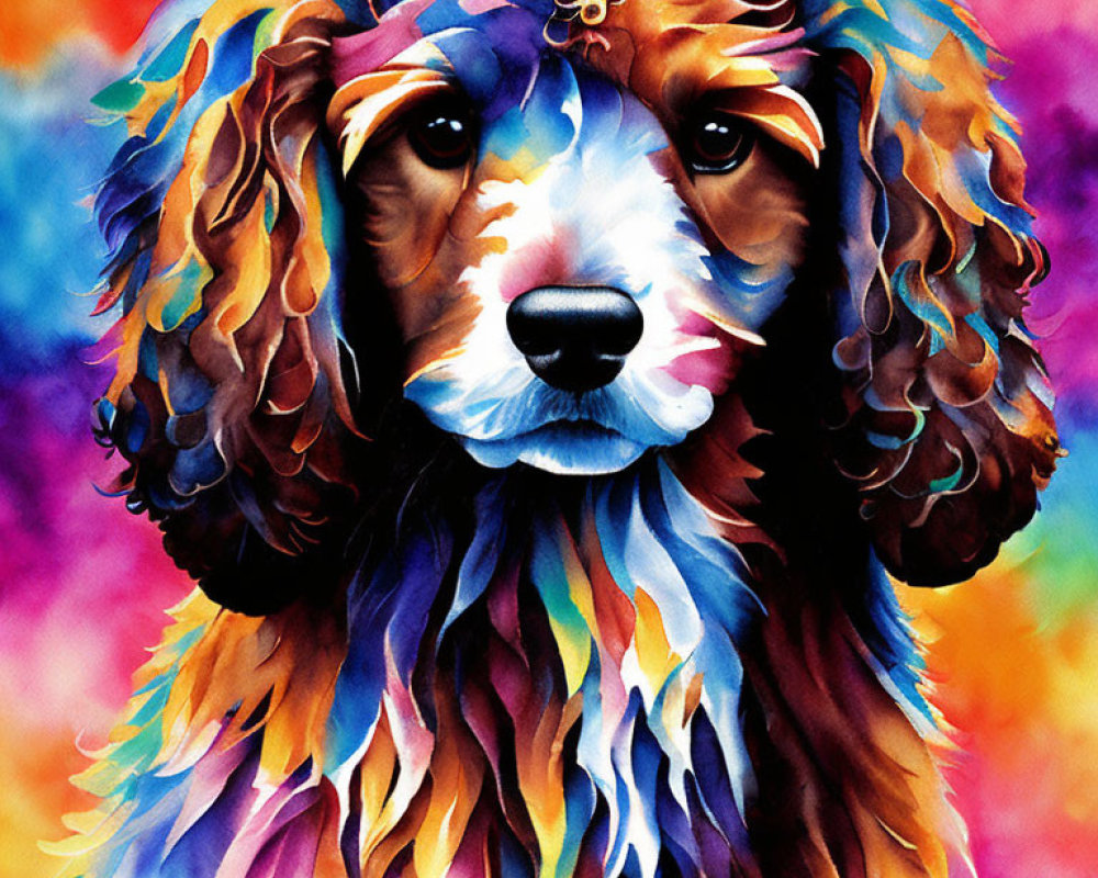 Colorful Watercolor Painting of a Thoughtful Dog