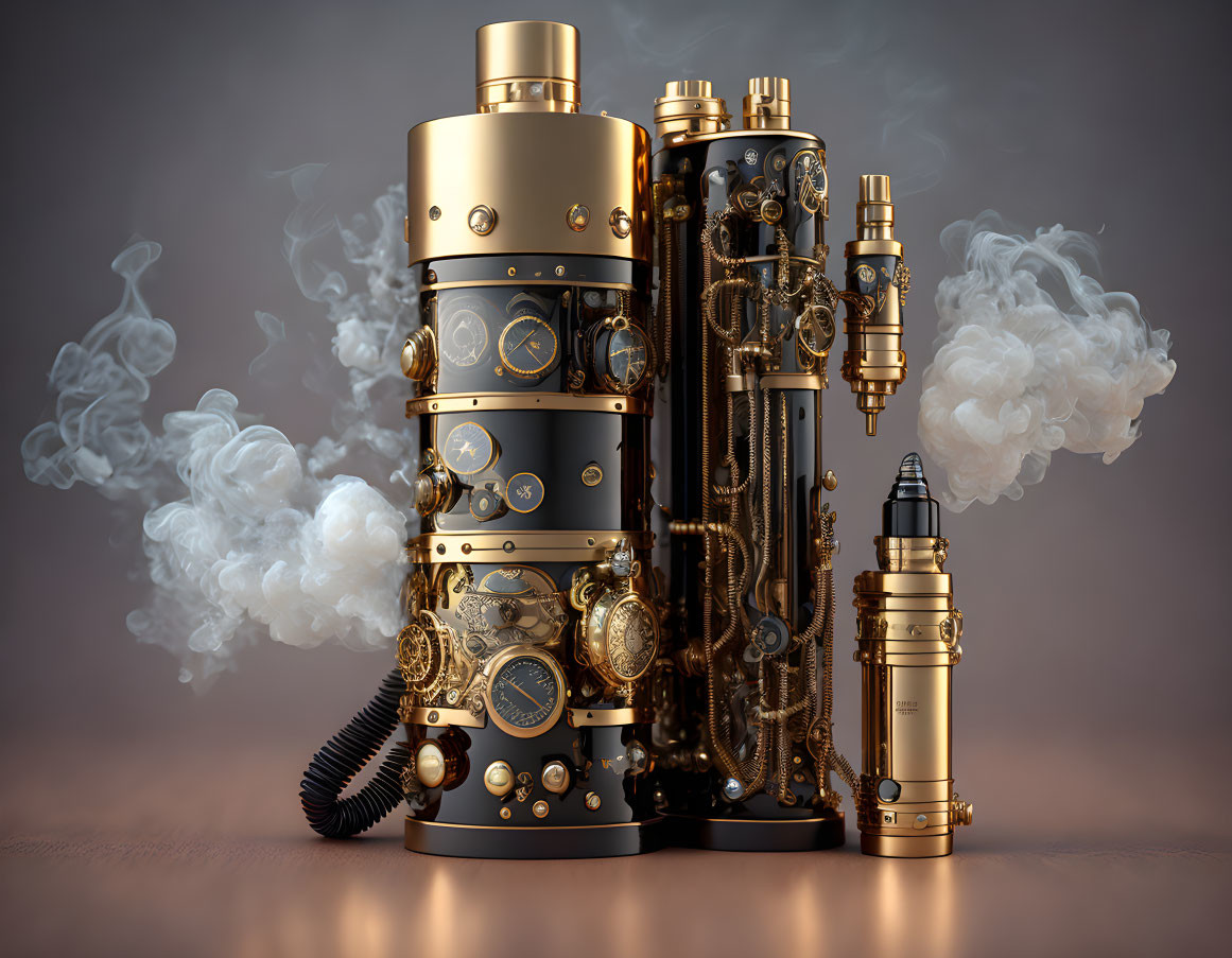 Steampunk-style vaporizers with gears and pipes emitting vapor