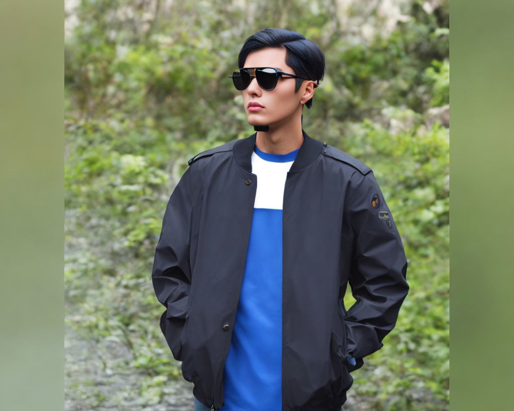 Confident man in black jacket and sunglasses against natural backdrop