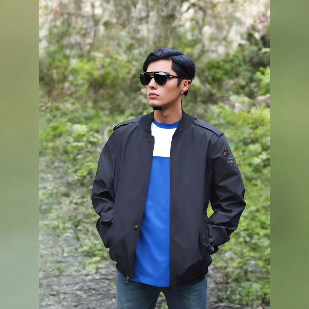 Confident man in black jacket and sunglasses against natural backdrop