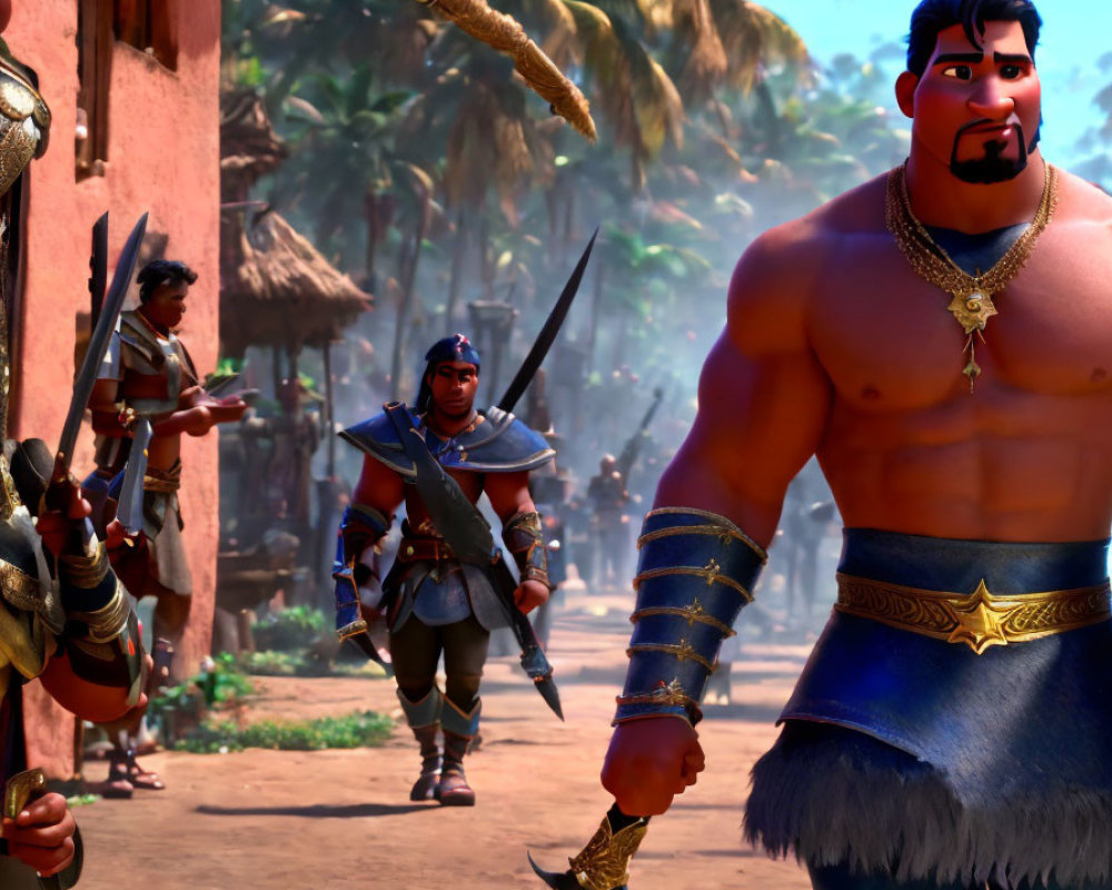 Muscular character with sword in animated tropical scene