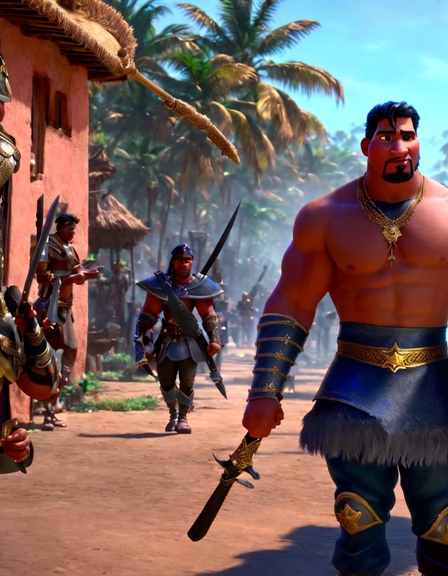 Muscular character with sword in animated tropical scene