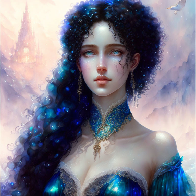 Digital artwork: Woman with dark blue curly hair, teal dress, and fantasy castle.