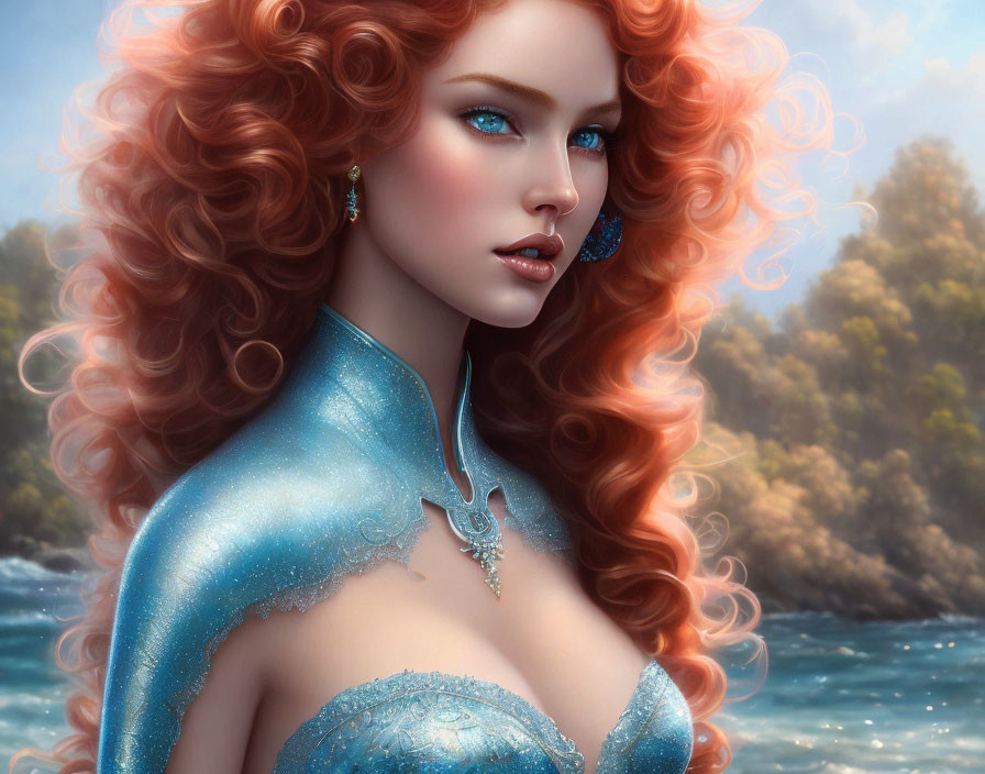 Voluminous red hair woman in glittery blue dress digital artwork