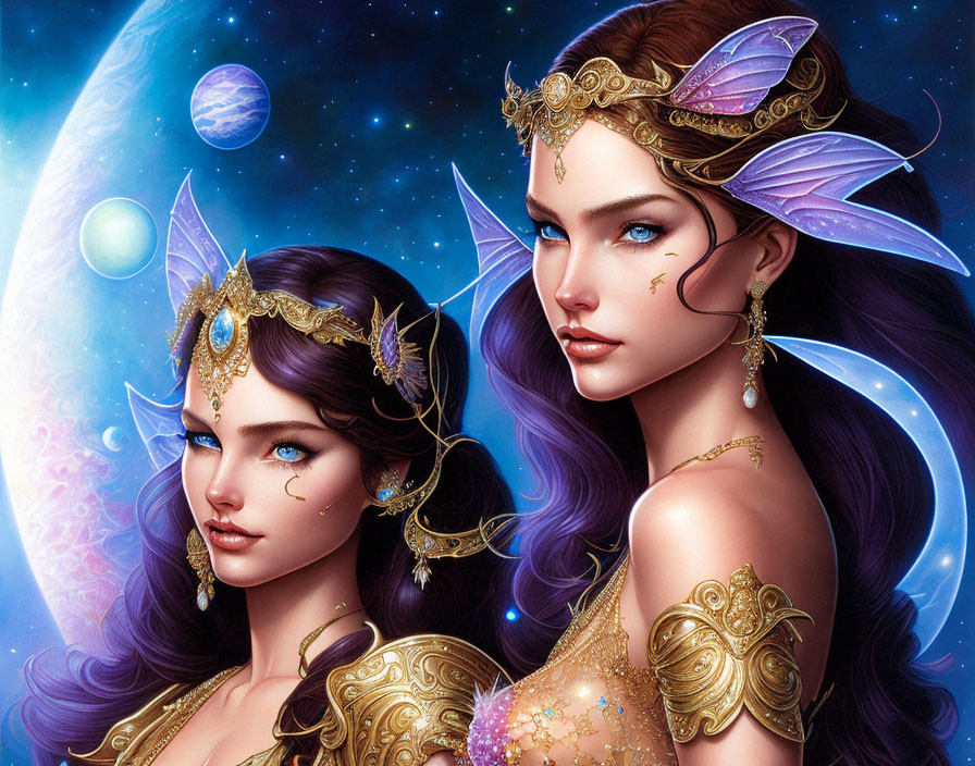 Fantasy women with gold jewelry and butterfly wings in cosmic setting