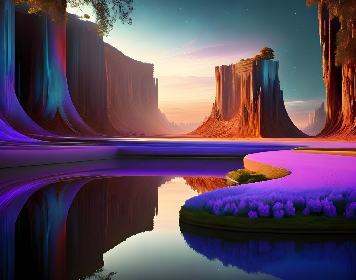 Colorful alien foliage in vibrant fantasy landscape