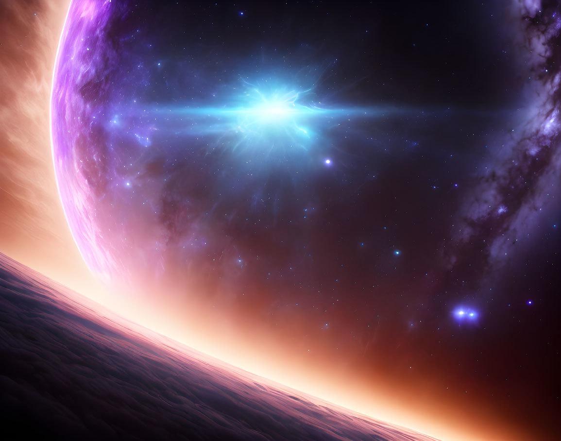 Vibrant space scene with purple planet and blue starburst