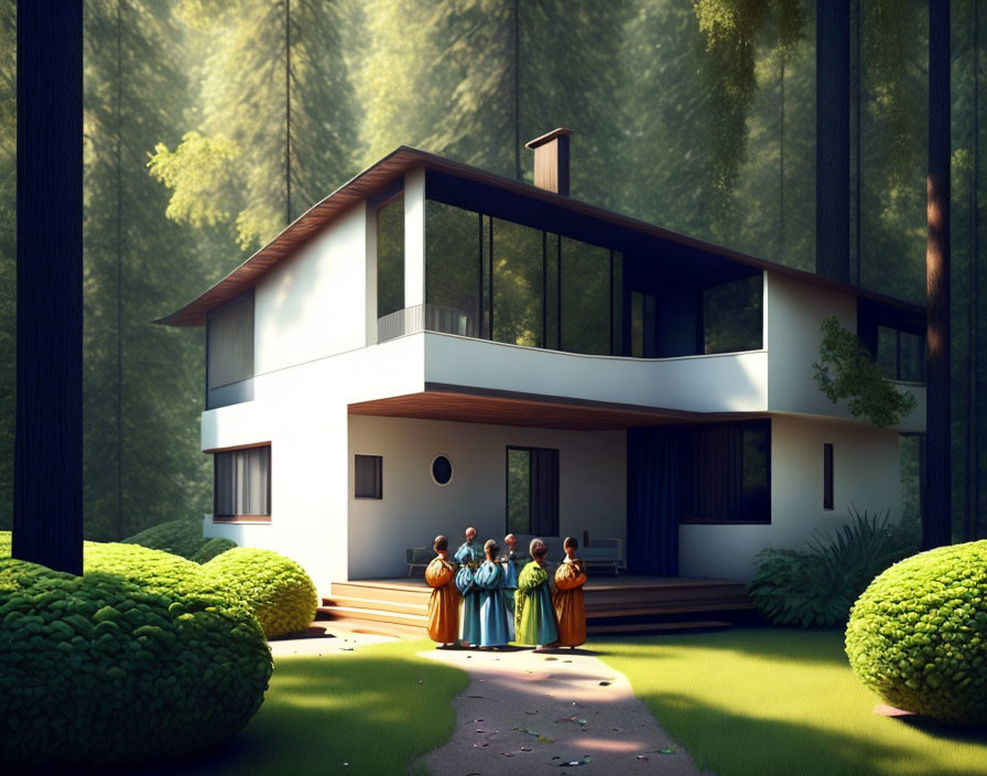 White Two-Story House in Forest with Group of People