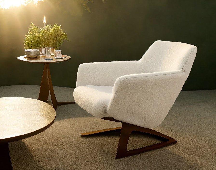 Contemporary white chair with wooden legs next to plant and candle on small table, under warm lighting.