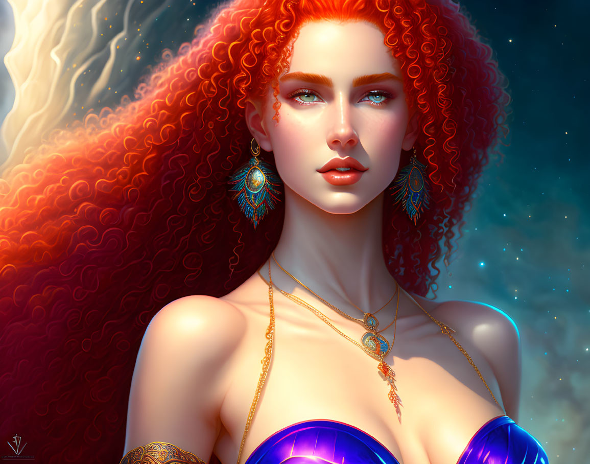 Fiery red curls woman with blue eyes in cosmic setting