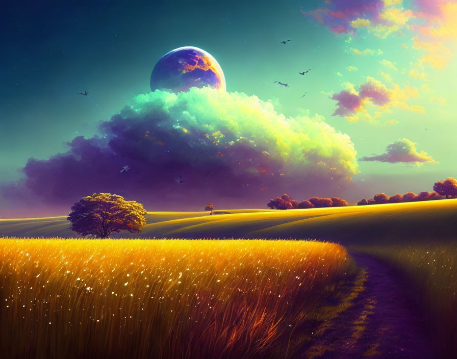 Vibrant golden field with single tree, path, and massive planet in surreal landscape