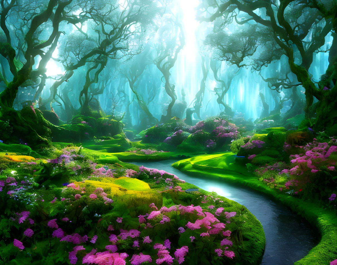 Lush Greenery and Pink Flowers in Enchanted Forest