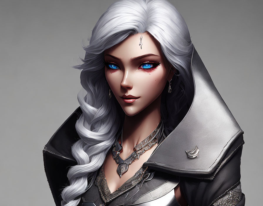 Illustrated female character with blue eyes, silver hair, mark on forehead, gray cloak, silver armor