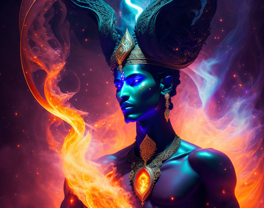 Blue-skinned figure with ornate headdress in cosmic flames.