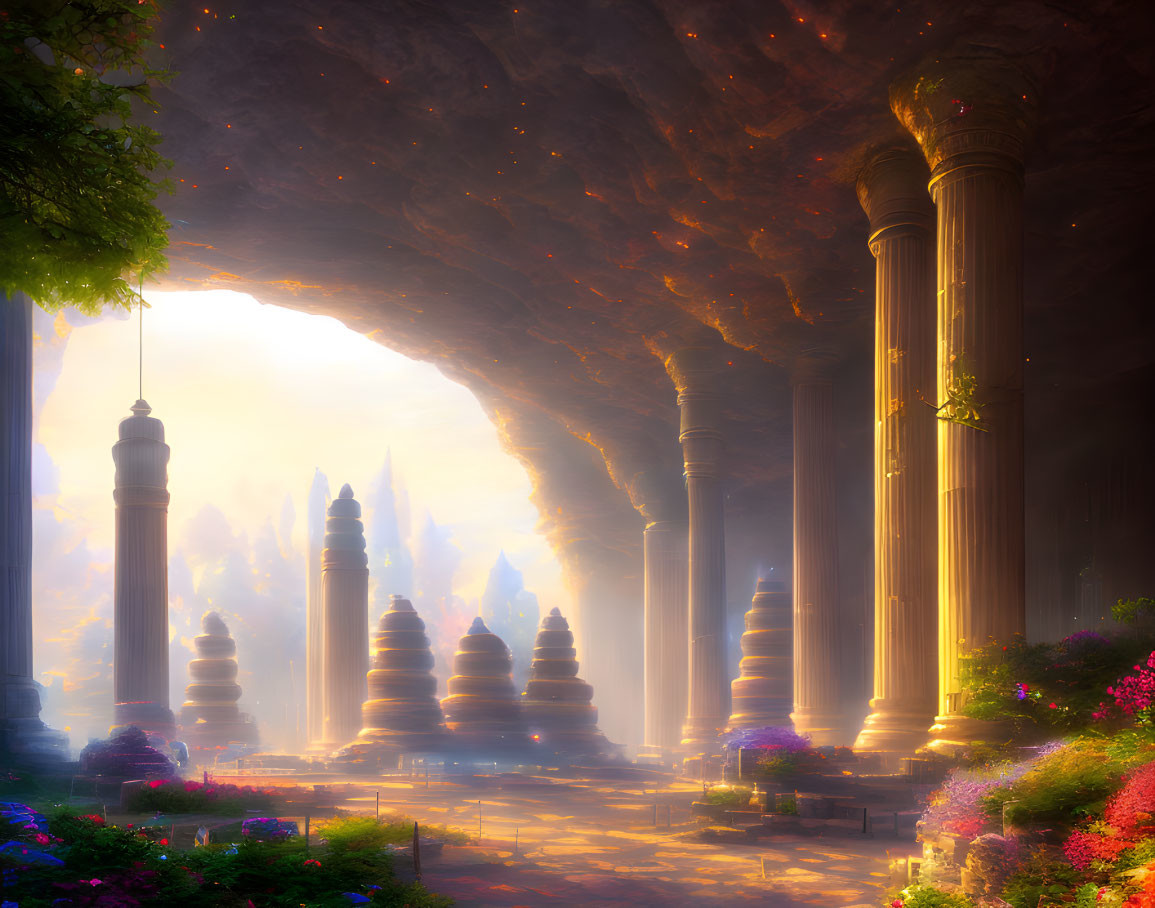 Mystical underground temple with towering columns and radiant natural light