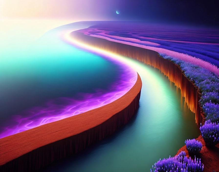 Surreal landscape with neon river, cliff edge, night sky, crescent moon