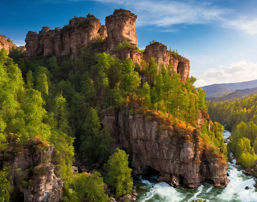 Majestic rock formations and lush greenery by vibrant river