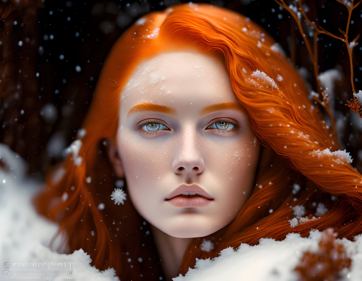 Vivid red hair and blue eyes in snowy scene