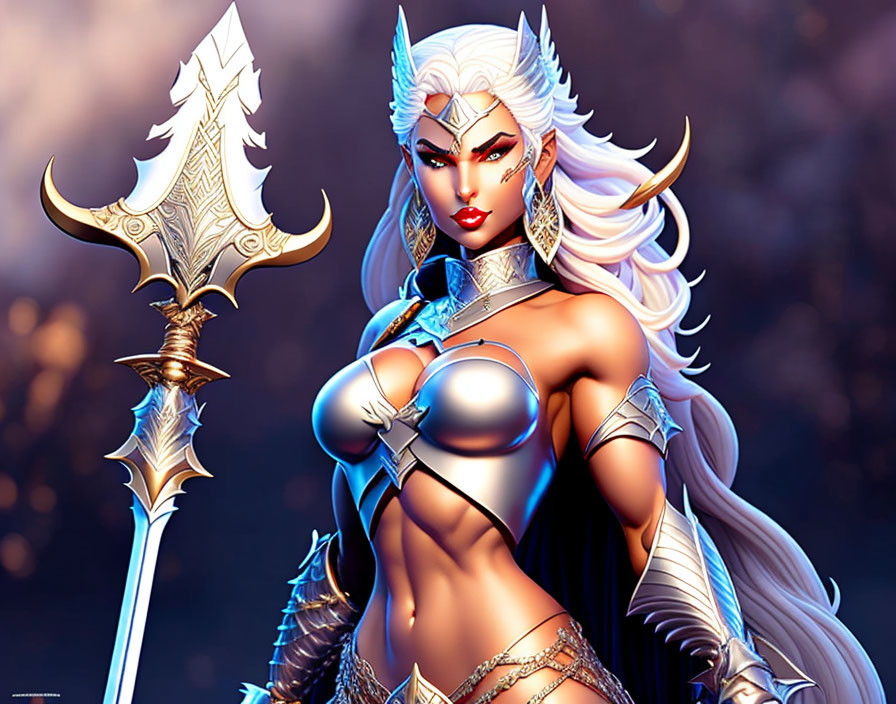 Fantasy warrior woman with white hair and silver armor holding a double-bladed spear