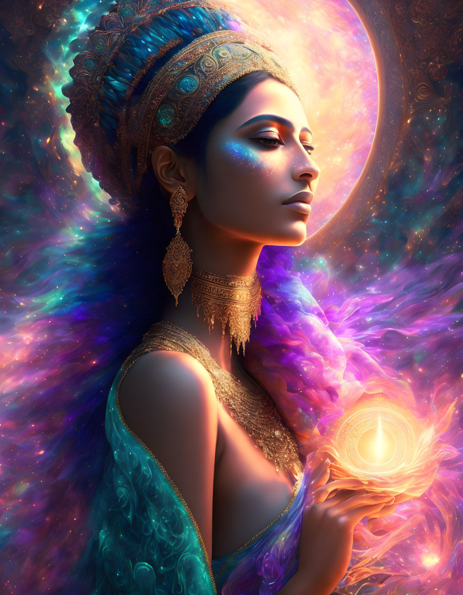 Mystical woman with elaborate jewelry holding glowing orb in cosmic setting