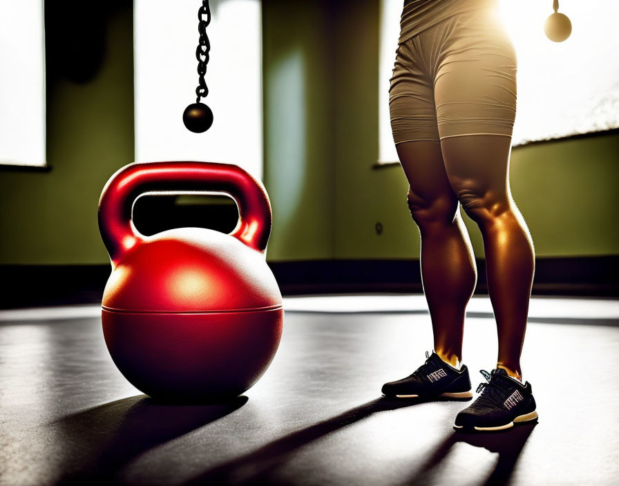 Person in sportswear next to red kettlebell showcasing toned leg muscles in gym.