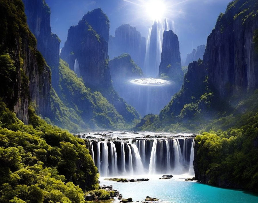 Scenic valley with waterfalls and floating city under sun