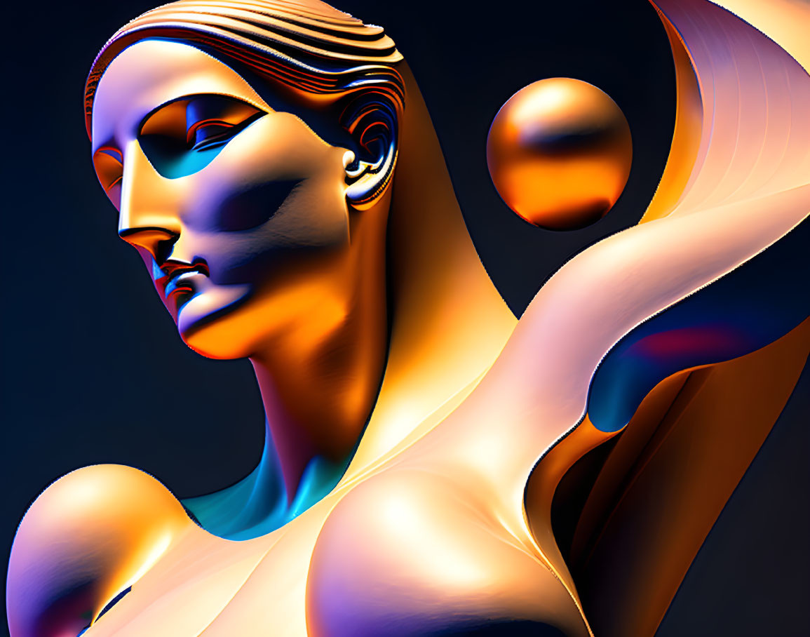 Abstract digital art: Stylized female figure in orange and blue gradient