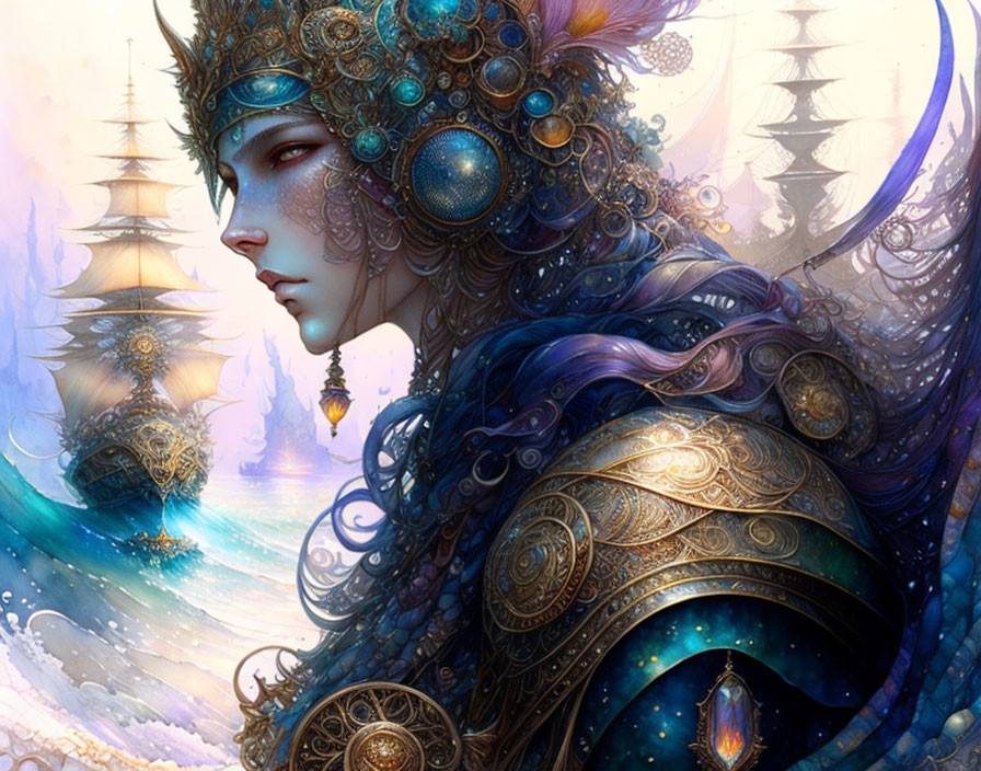 Intricate blue and gold headgear on woman in fantasy portrait