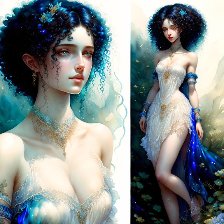 Fantasy illustration of woman with dark curly hair in white and gold dress with blue accents.