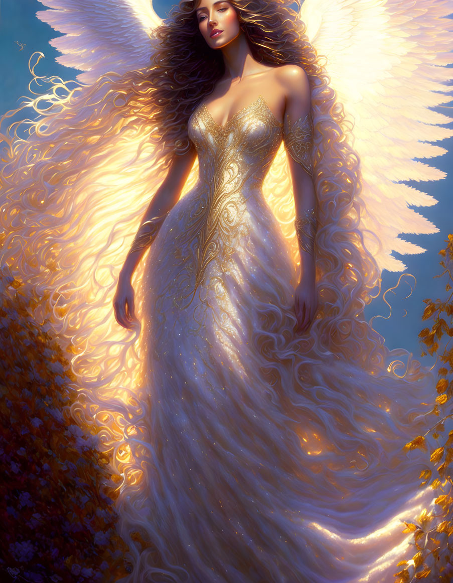 Ethereal winged woman with luminous hair in ornate dress in golden autumn light