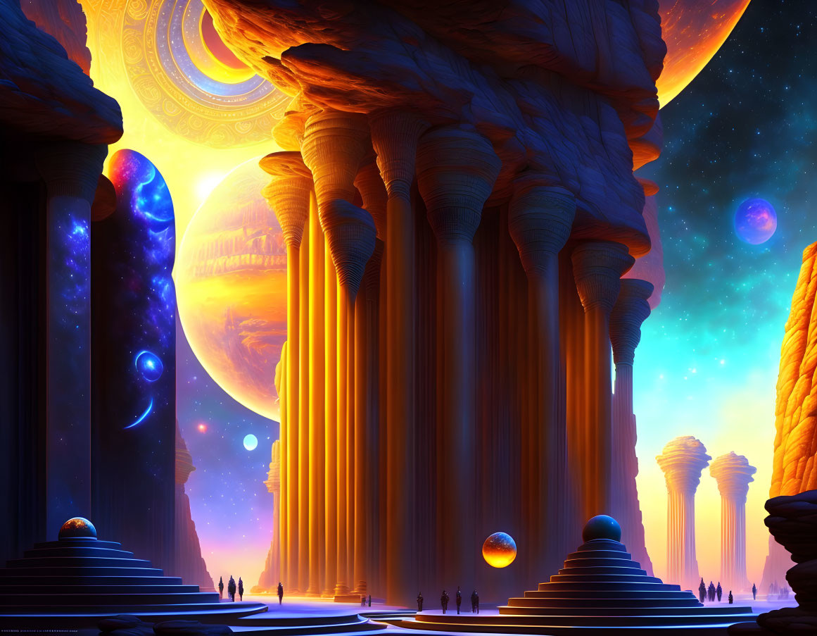 Sci-fi landscape with colossal pillars under starry sky and multiple moons.