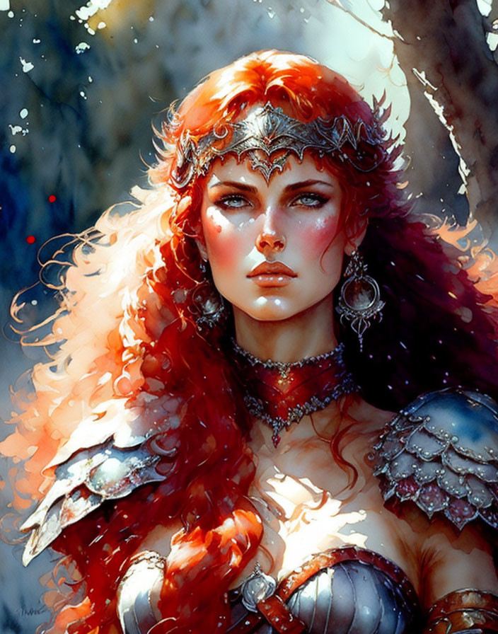 Warrior woman with red hair, green eyes, silver armor & crown