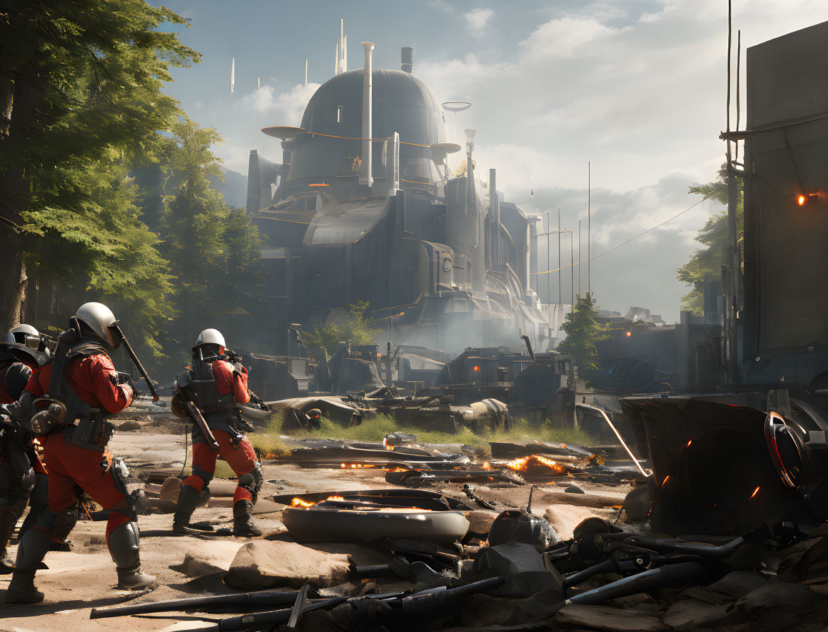 Futuristic facility scene with advancing troopers on battlefield