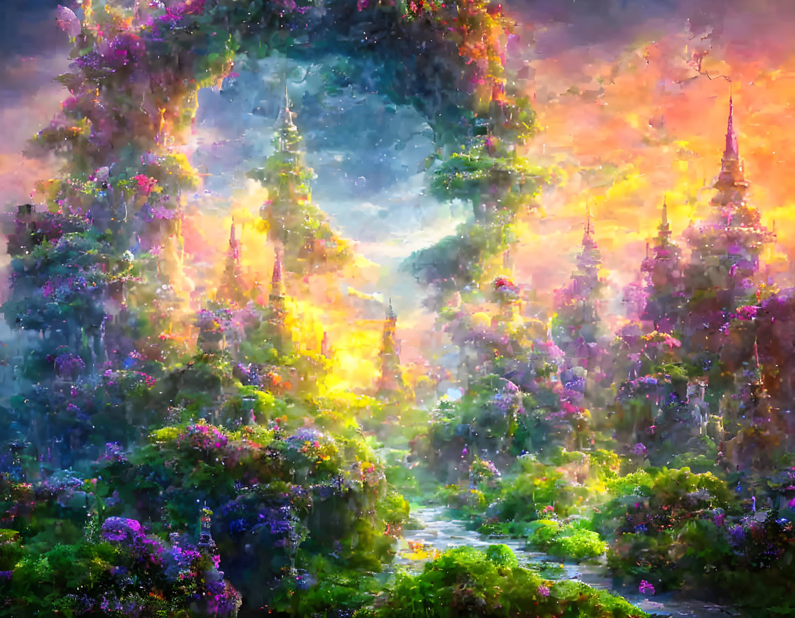 Fantastical landscape with luminous flora, ethereal towers, and meandering stream