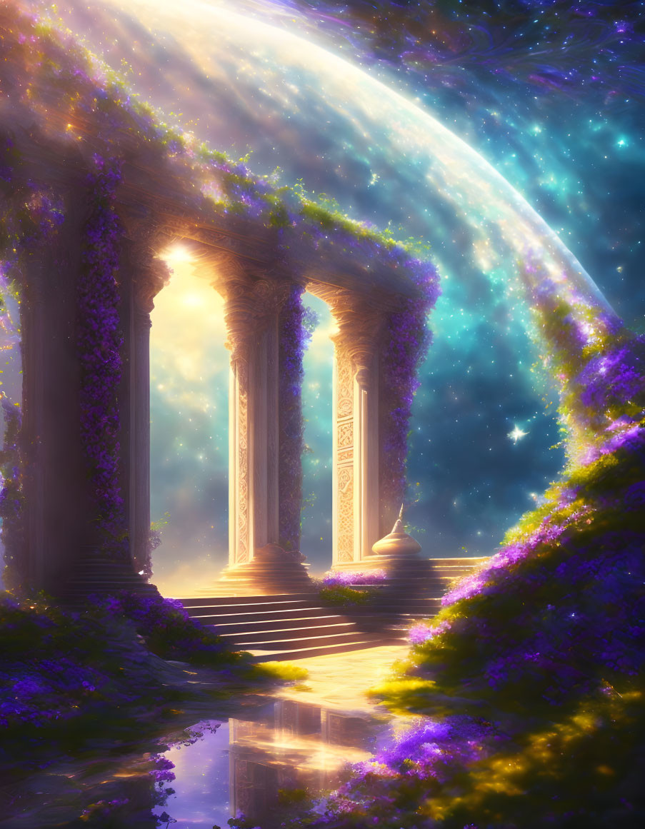 Classical columns and purple flora under cosmic sky