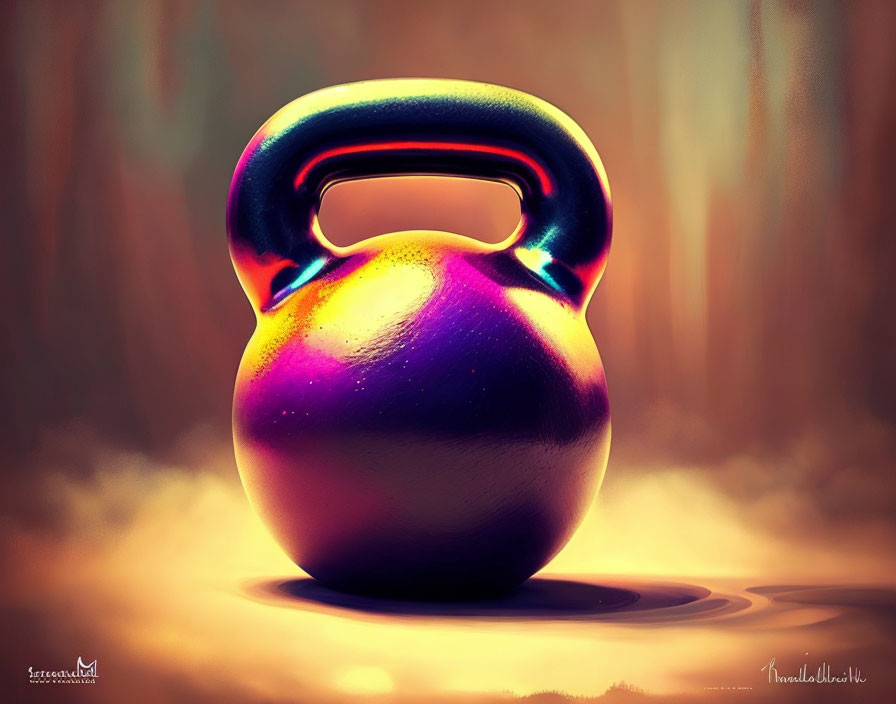 Vibrant purple and orange glossy kettlebell on soft blurry background