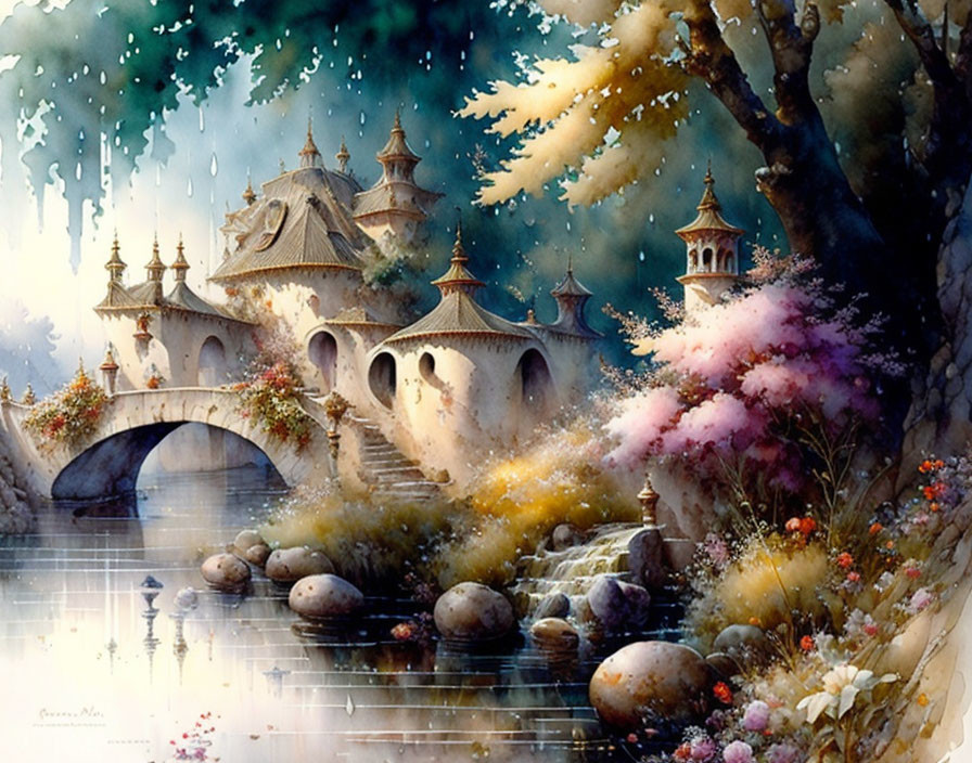 Elegant fairy-tale castle painting with ornate bridges and blooming trees