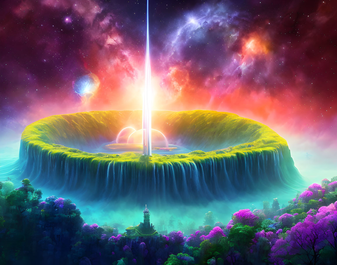 Circular island with waterfalls, glowing trees, and space backdrop.