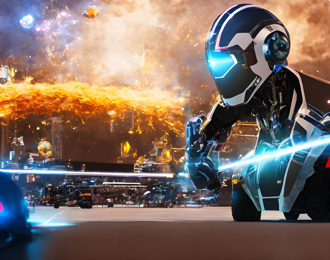 Futuristic motorcyclist in glowing suit beside sleek motorcycle in explosive space battle