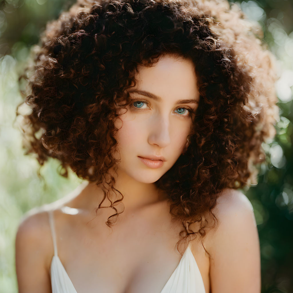 Woman with Voluminous Curly Hair and Striking Blue Eyes in Sunlit Setting