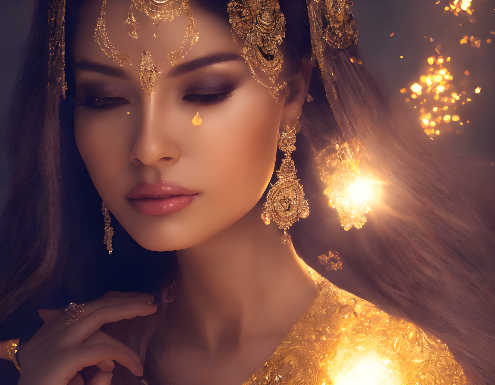 Intricately adorned woman with gold jewelry and headpiece in warm, sparkling lights