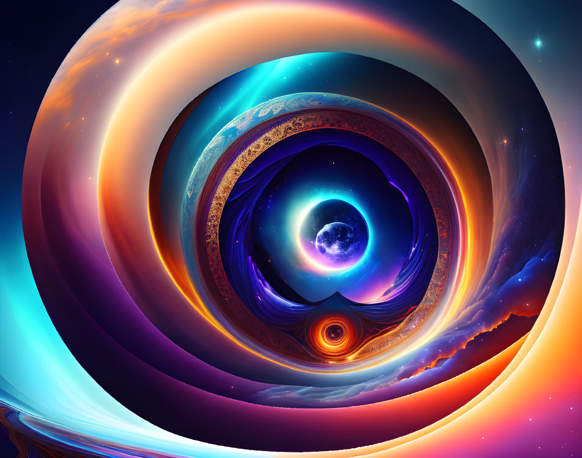 Vibrant digital artwork: surreal cosmic spiral in blue, orange, purple