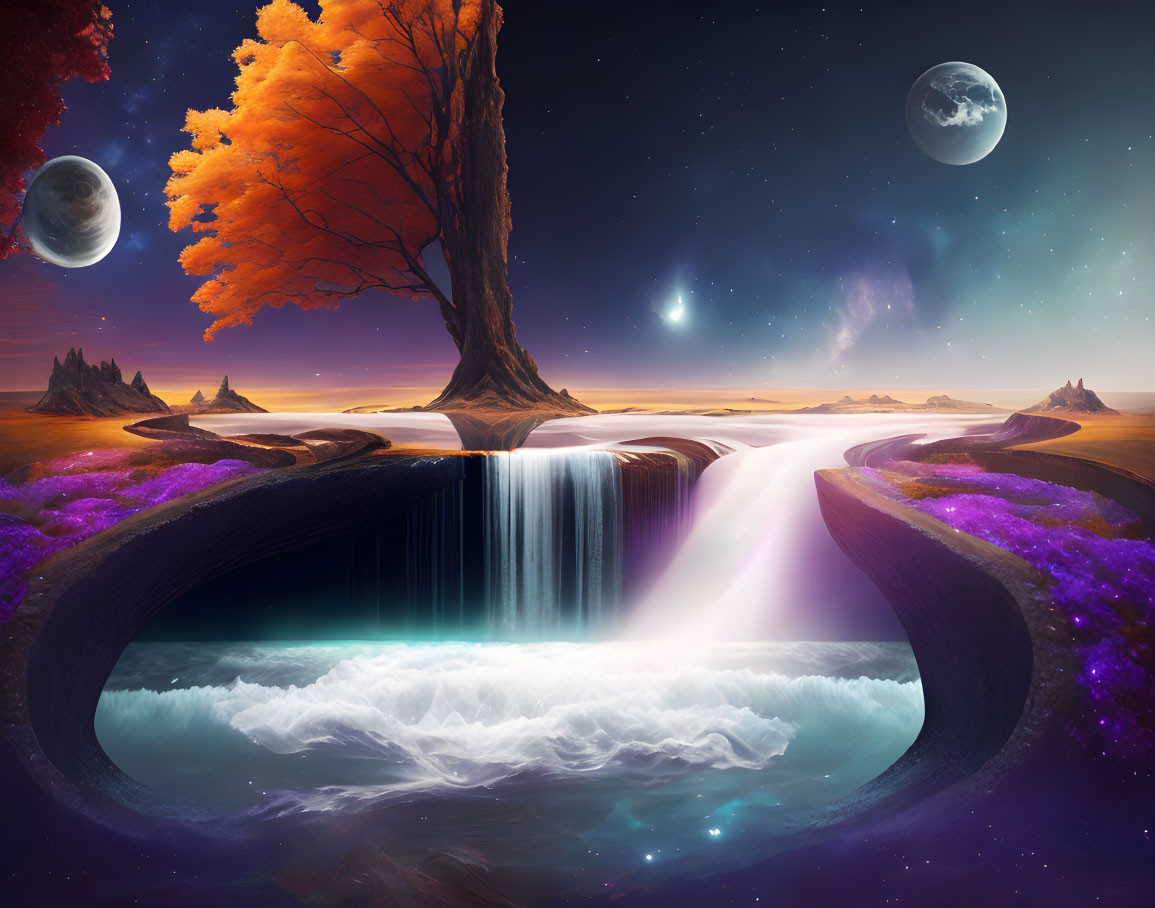 Surreal landscape with waterfall, lone tree, and starlit sky