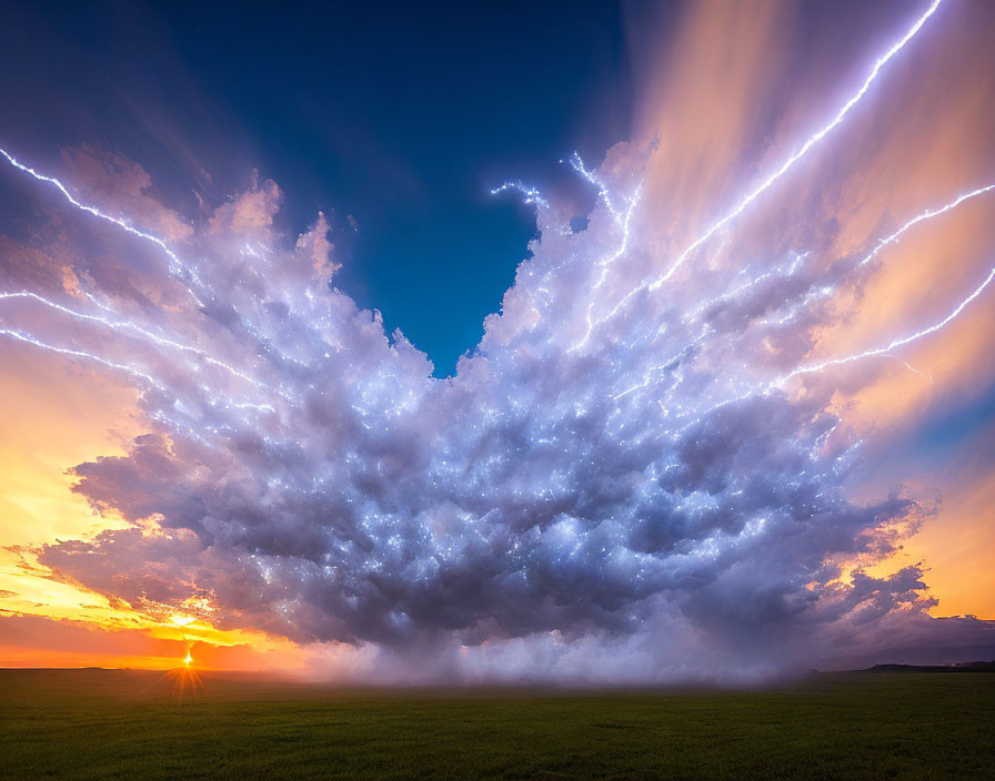 Majestic cumulonimbus cloud with lightning and sunset over grassland