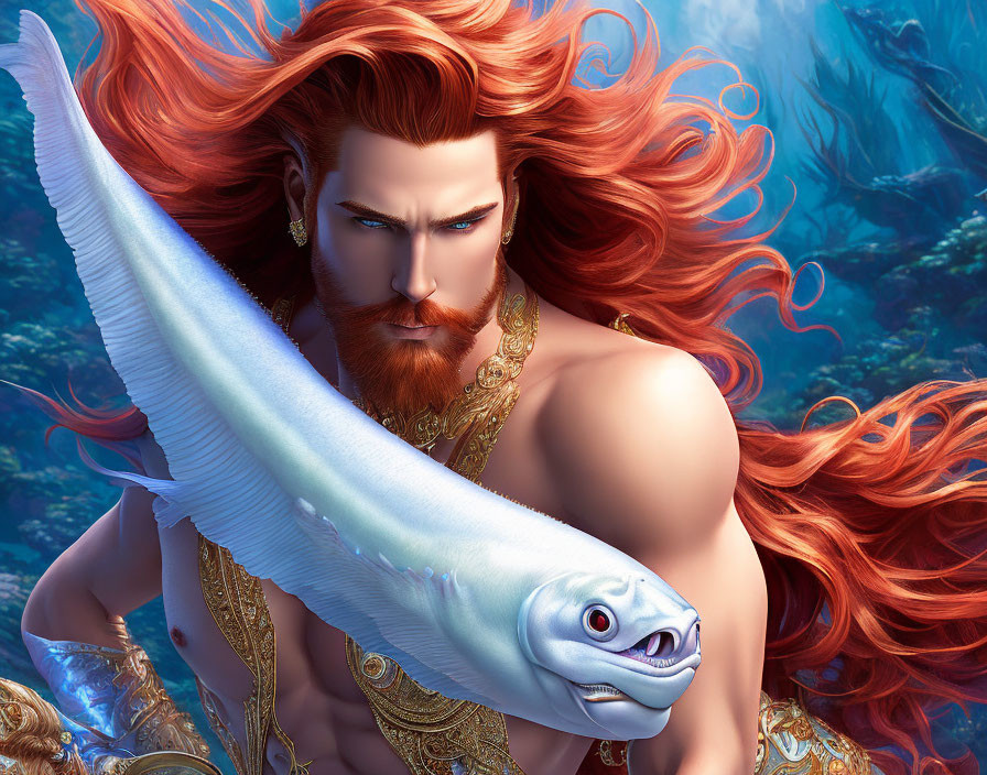 Muscular animated man with red hair holding silver fish underwater