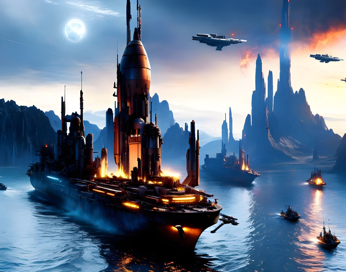 Futuristic cityscape on water with skyscrapers, ships, and aircraft at twilight.