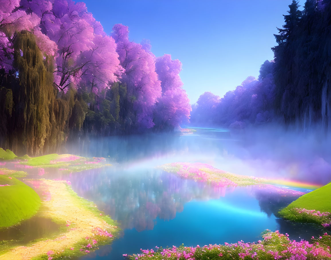 Vibrant pink trees and tranquil blue river in serene landscape