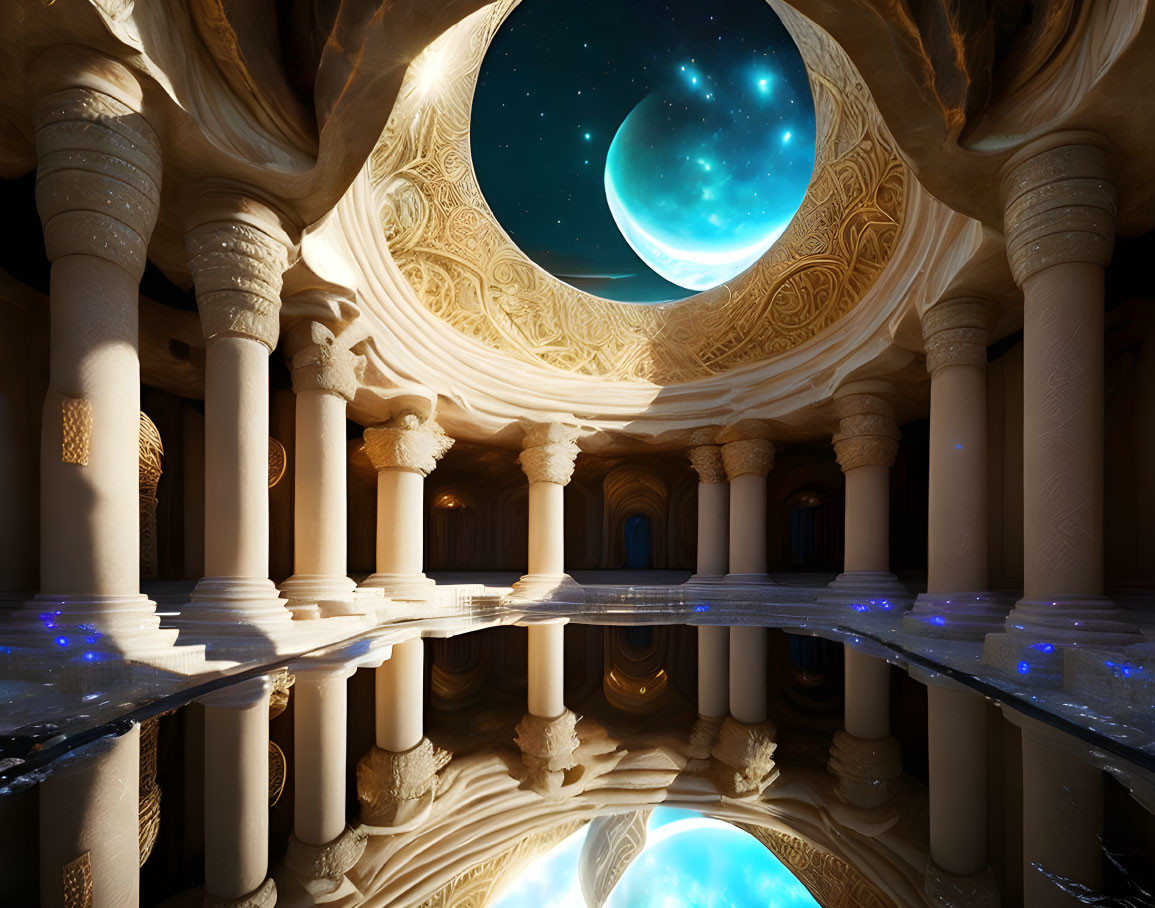 Ornate palace with towering pillars and arches under crescent moon