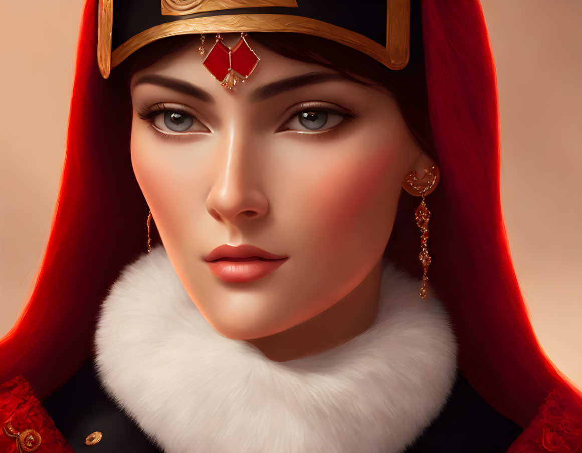 Detailed digital portrait of a woman in red headscarf, golden tiara, and earrings