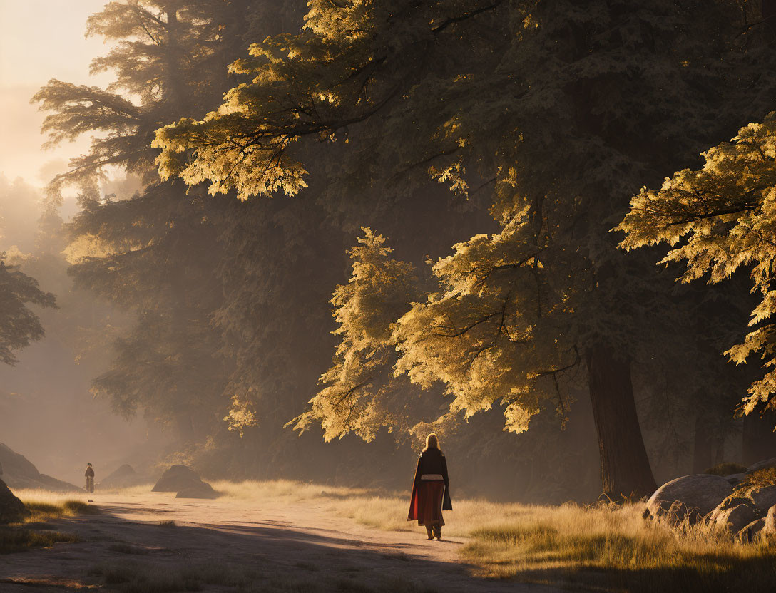 Person in Red Cloak Walking on Forest Path with Sunlight Beams